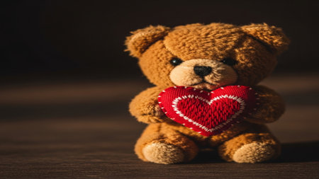 Teddy bear with red heart on dark background. Valentines day conceptの素材