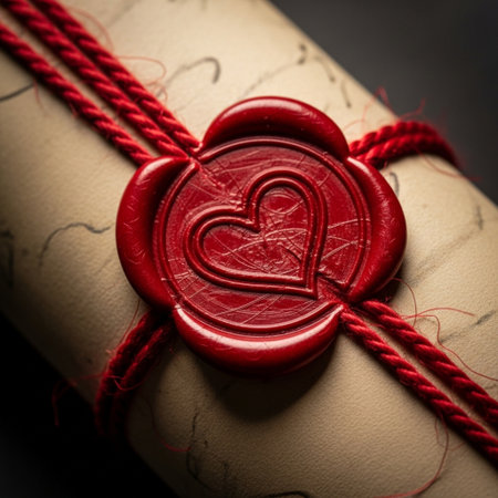 red wax seal with heart symbol on a paper scroll with red ropeの素材