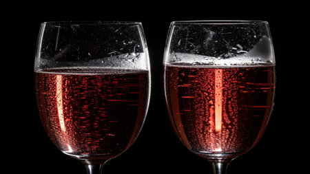 Two glasses of red wine on a black background, close-upの素材