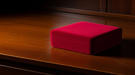 Red box on a wooden table in a room. Selective focus.の素材
