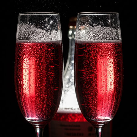 Two glasses of champagne with bubbles on a black background, close-upの素材