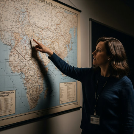 Portrait of a young woman looking at a map in a museumの素材