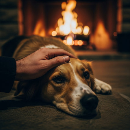 Cute Beagle dog lying in front of fireplace at home.の素材