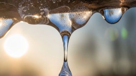 A closeup shot of a drop of water dripping from a roofの素材