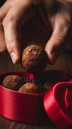 Female hands holding chocolate truffles in a red gift box.の素材