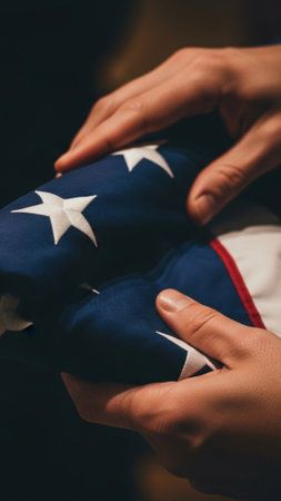 Close-up of a woman's hands holding an American flag.の素材