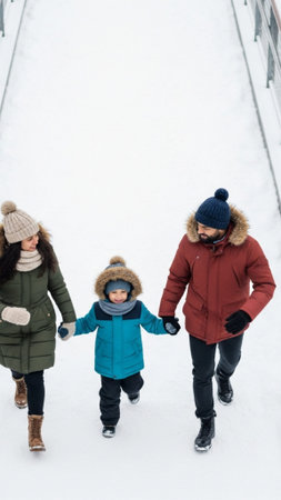 Top view of happy family in winter clothes holding hands and walking in snowの素材