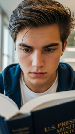 Portrait of a handsome teenage boy reading a book in the libraryの素材
