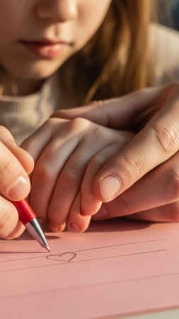 Close-up of a young girl writing on a paper with a penの素材
