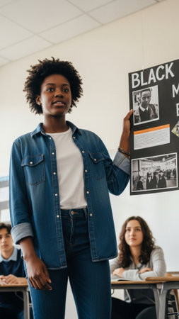 african american teacher pointing with finger at blackboard in classroomの素材