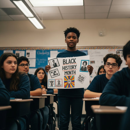 Young african american male teacher holding a black lives matter poster in front of his students in a classroomの素材