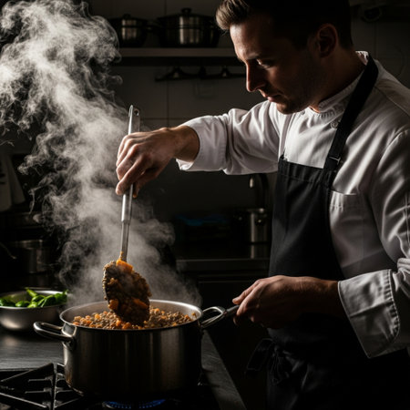 Portrait of a professional chef cooking pasta in a restaurant kitchen.の素材