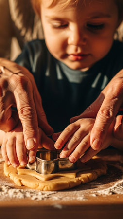 cropped view of grandmother and grandson holding cookie cutters on wooden tableの素材