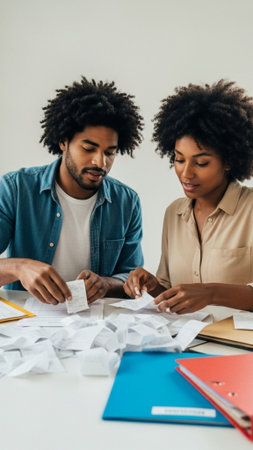 african american businessman and businesswoman working with papers in officeの素材