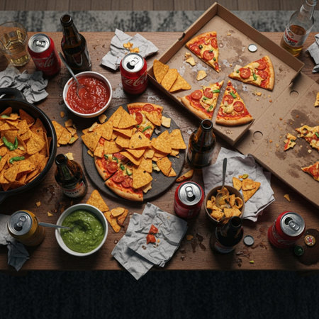 top view of tasty pizza and beer on wooden table, flat layの素材