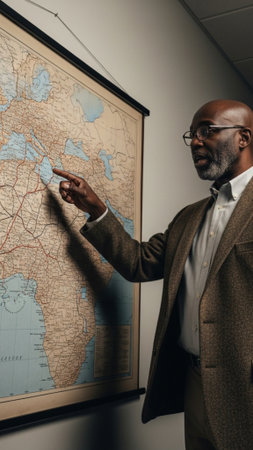 African american teacher pointing at map on chalkboard in university classroomの素材