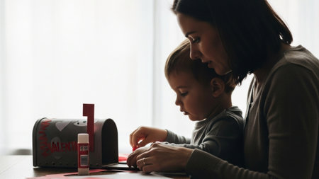 Mother and son playing with red mailbox in living room at home.の素材