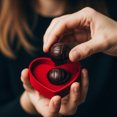 Woman's hands holding a box of chocolates in the shape of a heartの素材
