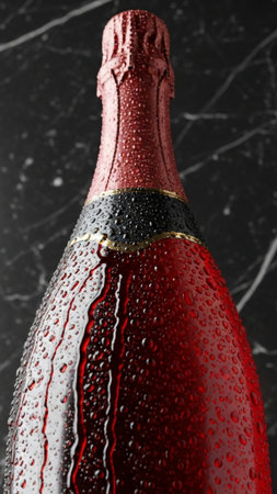 Bottle of champagne with water drops on dark background, closeupの素材