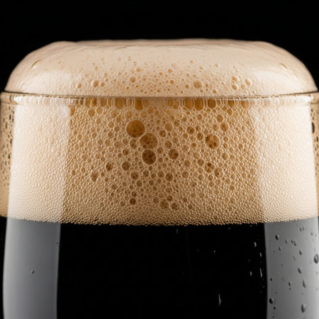 Glass of dark beer with foam isolated on black background. Close up.の素材