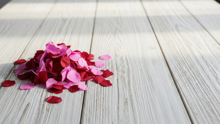 Valentine's Day background with red hearts on white wooden tableの素材