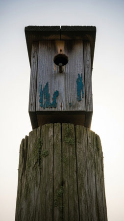 Old wooden birdhouse on a wooden pole with a blue sky in the backgroundの素材