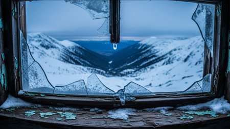 Beautiful view from the window of the snowy mountains in winter.の素材