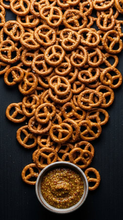 Pretzels with mustard on black wooden background. Top view.の素材