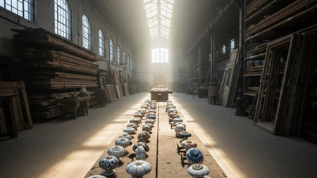 interior of an old factory with a lot of old wooden productsの素材