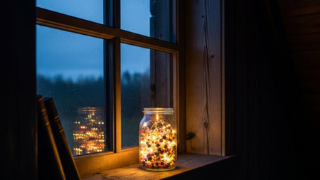 Glass jar with christmas lights on the windowsill at night. Holiday concept.の素材