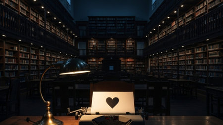 Old typewriter with a heart on the table in the library. 3d renderingの素材