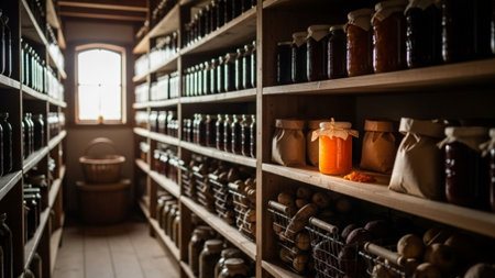 Shelves with different kinds of jam in the pantry.の素材