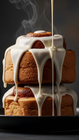 Stack of homemade cinnamon rolls with icing on dark background, closeupの素材