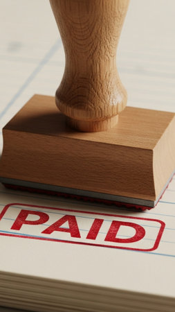 Rubber stamp on a paper with the word paid. Close-upの素材