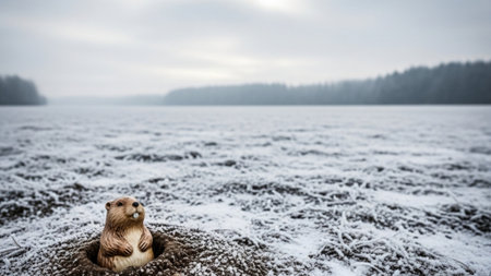European otter sitting on the edge of a frozen lake in winterの素材