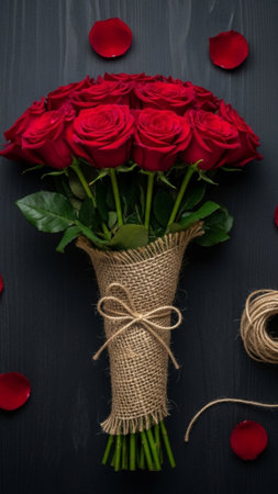 Bouquet of red roses on black wooden background. Top viewの素材