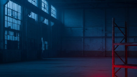 3D render of an industrial background with a warehouse and a red lightの素材