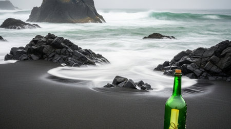 Glass bottle of beer on the beach with black sand and sea wavesの素材