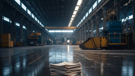Warehouse interior with piles of paper documents on the floor. Industrial backgroundの素材