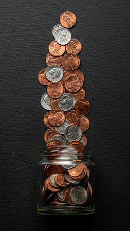 Coins spilling out of a glass jar on a black background.の素材