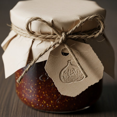 Glass jar of jam with label on wooden background. Toned.の素材