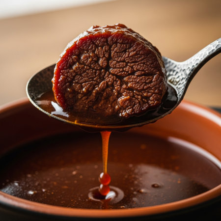 Honey dripping from a spoon into a bowl of beef filletの素材