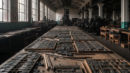 A panoramic, ultra-wide photograph capturing the interior of a historic letterpress workshop. The scの素材