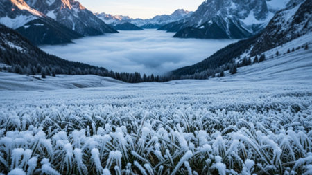 A breathtaking ultrawide 16:9 landscape emphasizing the extreme cold and scale of nature. The foregrの素材