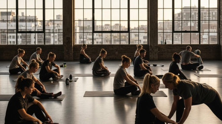 Extreme wide shot capturing the entire length of a modern, industrial-chic gymnasium loft during theの素材