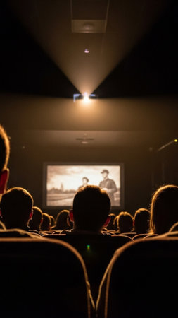 A dramatic, low-angle (worms-eye view) vertical portrait of several audience members deeply immersedの素材