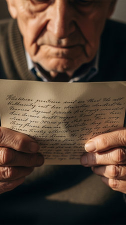 A dramatic, high-detail vertical crop (9:16) capturing the intimate act of a grandfather reading aloの素材