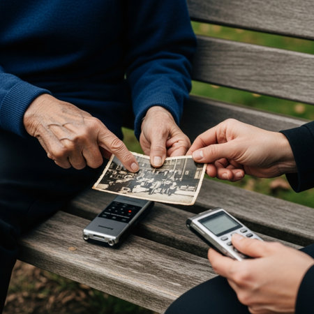 A Hero Detail shot focusing on the tactile moment of historical sharing. A square composition capturの素材
