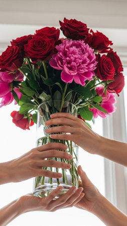 A vertical, detailed composition capturing the intimate moment of a transaction. The florist's handの素材