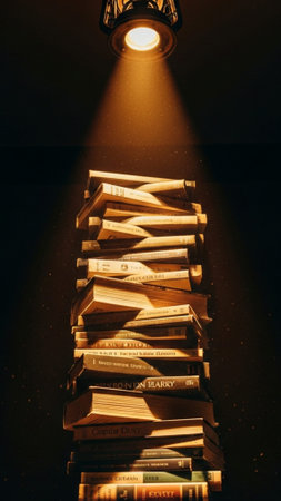 An isolated, towering stack of old, tattered paperback novels dominates the vertical frame (9:16). Tの素材